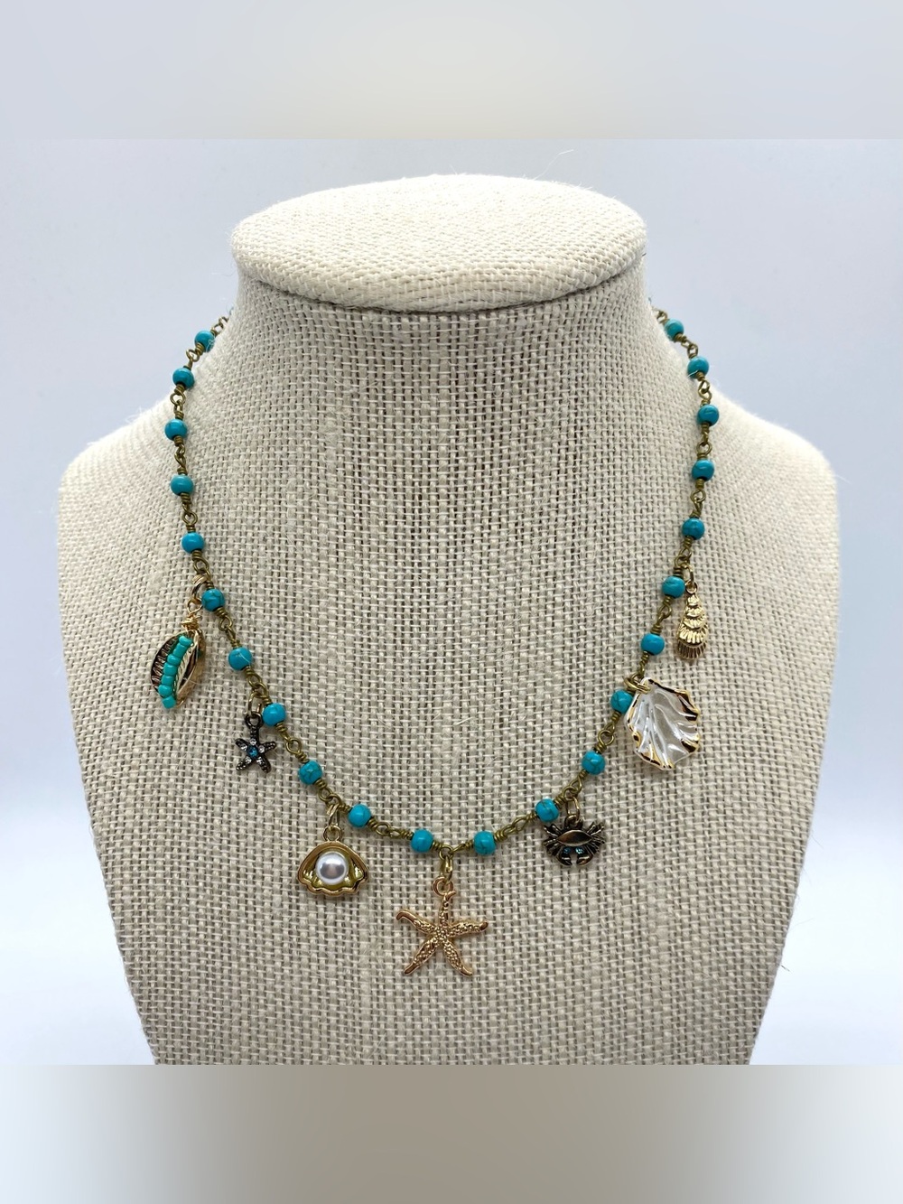 Gold Blue Beaded Necklace Coastal Charms Boho Fall Festival Eclectic Cottagecore